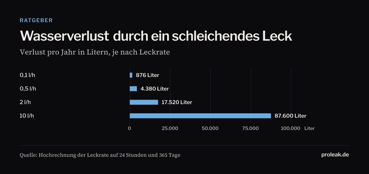 Balkendiagramm: Wasserverlust pro Jahr durch ein Leck — 0,1 Liter pro Stunde ergeben rund 876 Liter, 0,5 Liter pro Stunde rund 4.380 Liter, 2 Liter pro Stunde rund 17.520 Liter, 10 Liter pro Stunde rund 87.600 Liter.